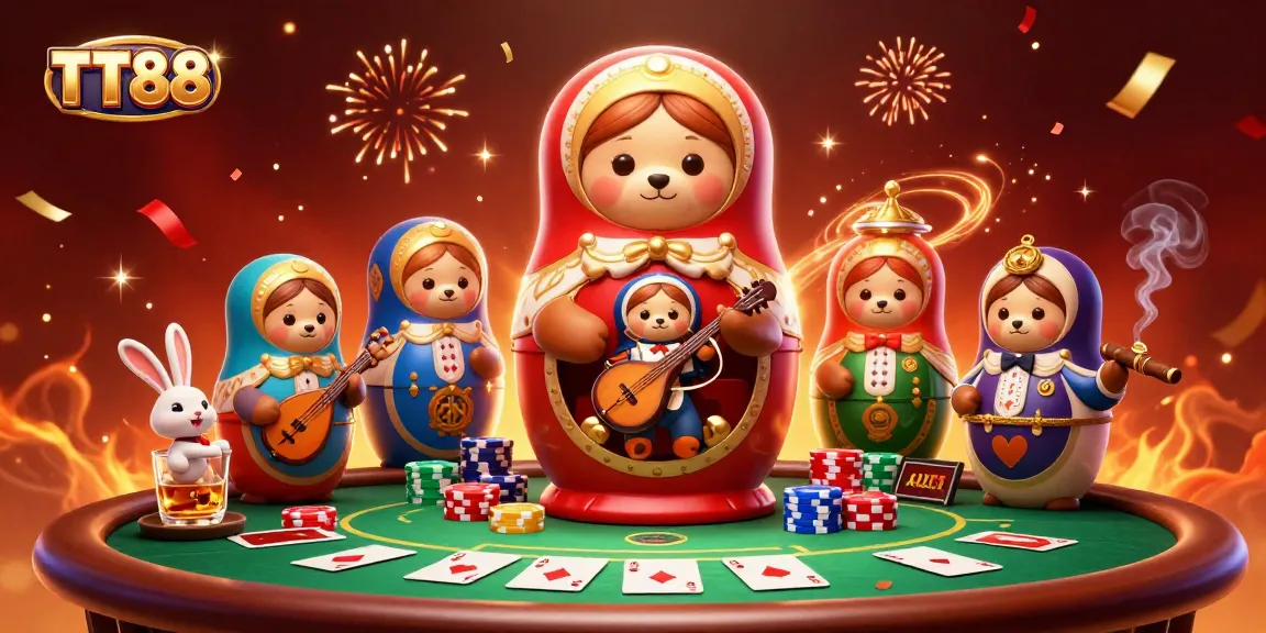 Bet big at TT88 with vibrant casino dealers, poker tables, and Russian dolls in an exciting illustrated scene.