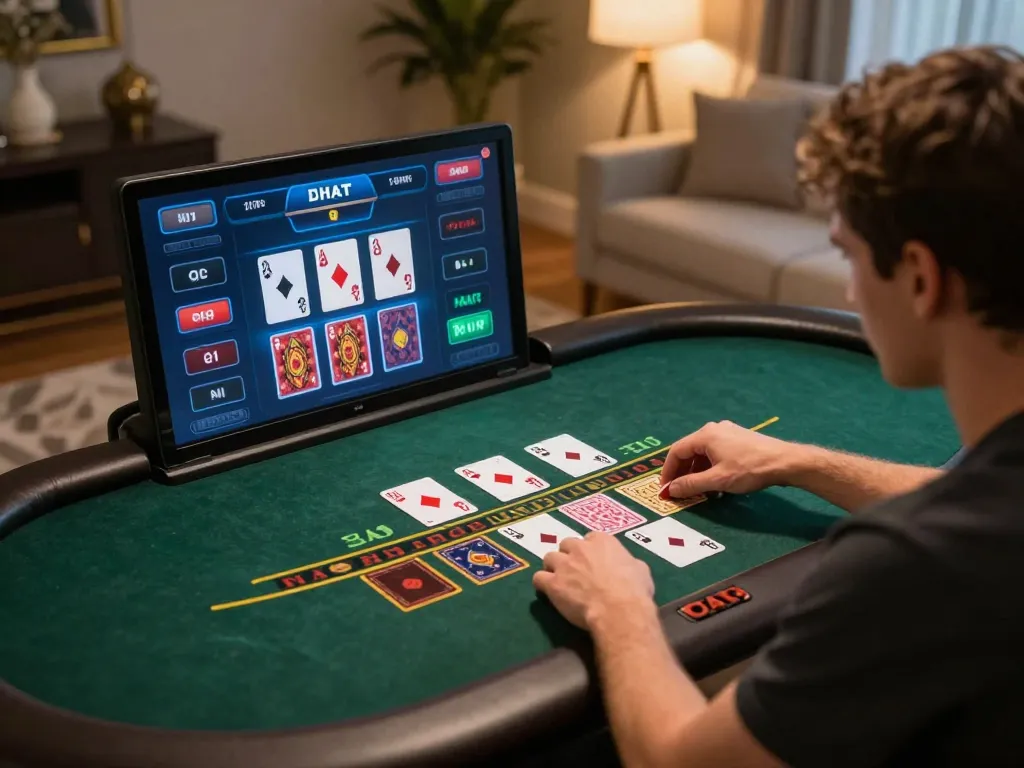 Người chơi 12bet tham gia trò chơi blackjack với người chia bài trực tiếp, thể hiện sự tập trung cao độ và thiết lập trò chơi hiện đại.