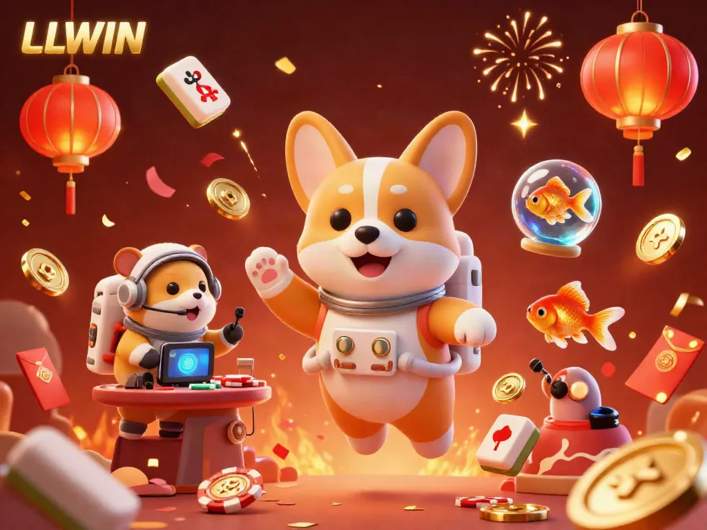 LLWIN showcases a 3D cartoon astronaut corgi in a space casino with vivid gaming elements and festive effects.