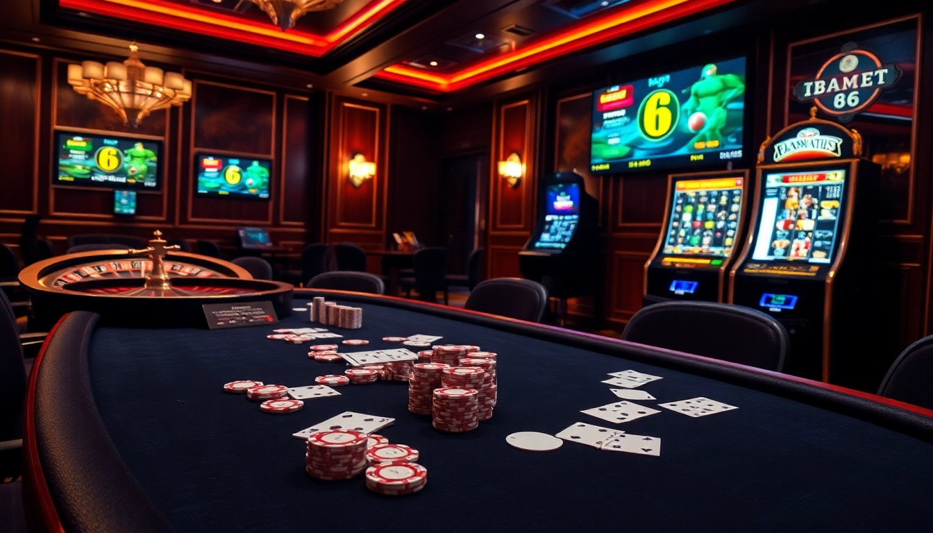 Experience thrilling gaming action at 8kbet with poker chips and roulette in a luxurious casino setting.