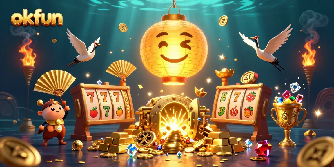 Experience the excitement of okfun at an online casino with golden lanterns, treasures, and vibrant slot games.