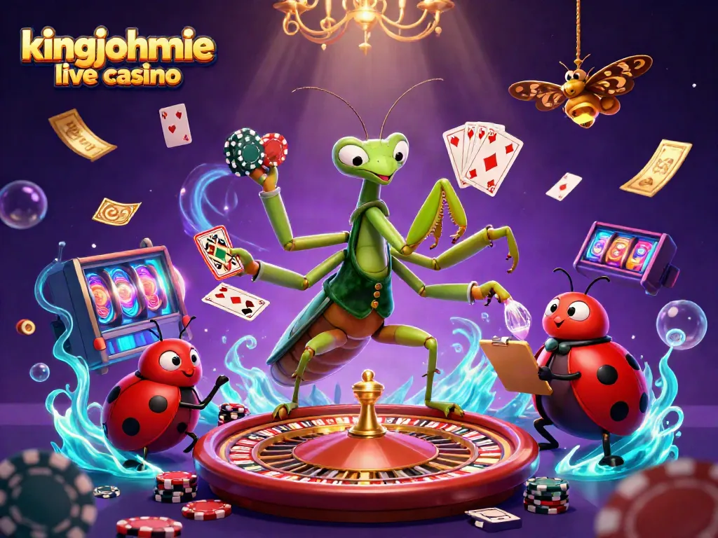 Experience the excitement of kingjohnnie live casino with a vibrant illustration of a giant mantis dealer and colorful gaming elements.