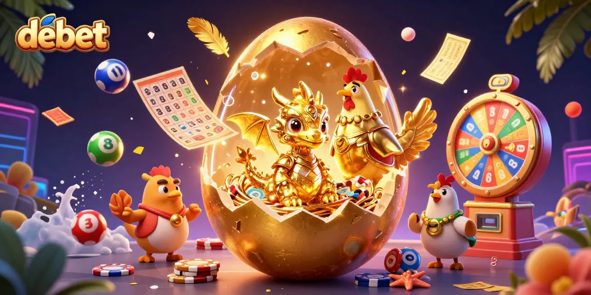 Experience the thrilling debet lottery with a dazzling 3D scene of golden characters surrounded by vibrant game elements.