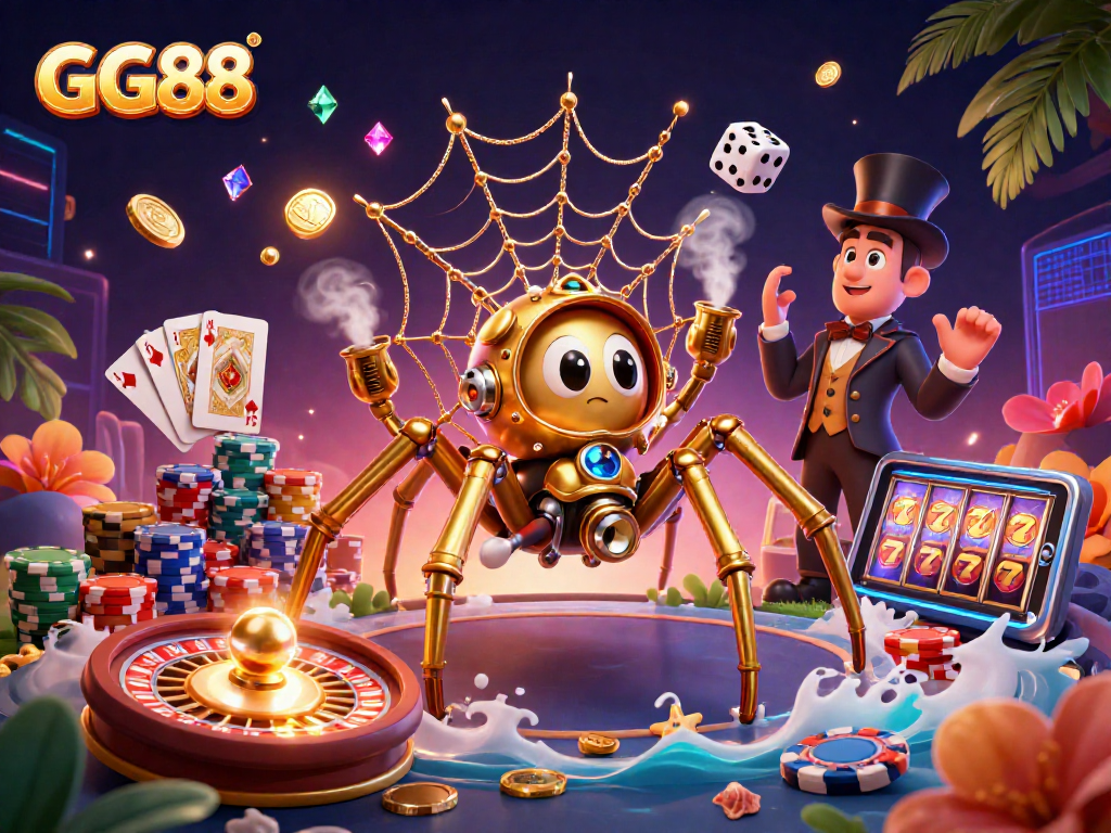 Engage in thrilling gameplay at GG88 with an energetic casino scene featuring golden spider and charming fly.