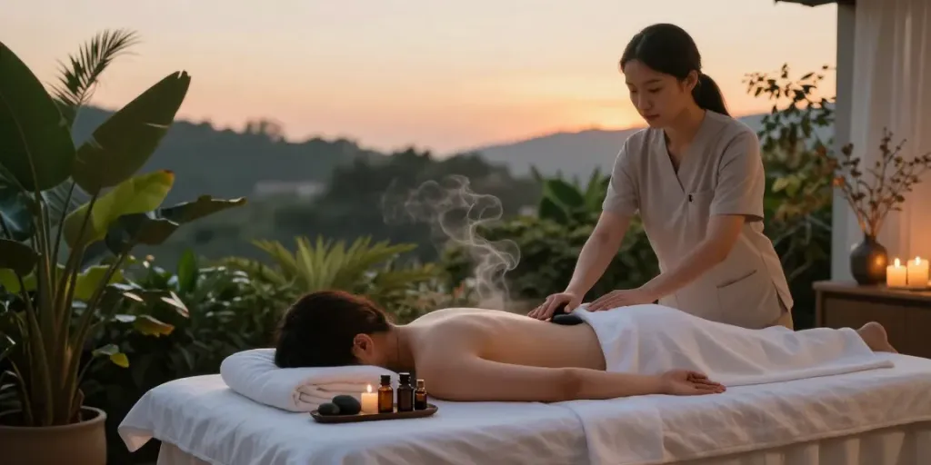 Relaxing 간석동출장안마 scene in a serene wellness studio with candles, essential oils, and greenery.