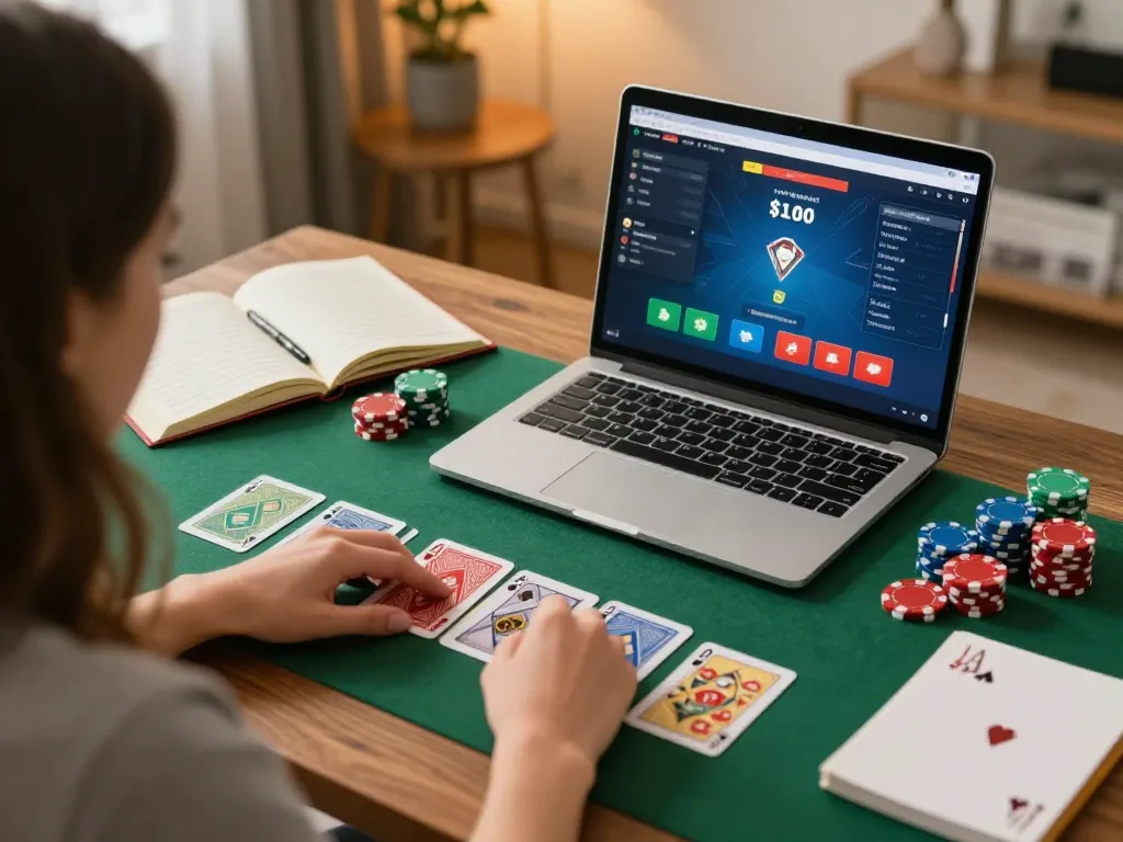 Enjoying an exciting poker game on 789win with chips and strategy notes in a cozy home office