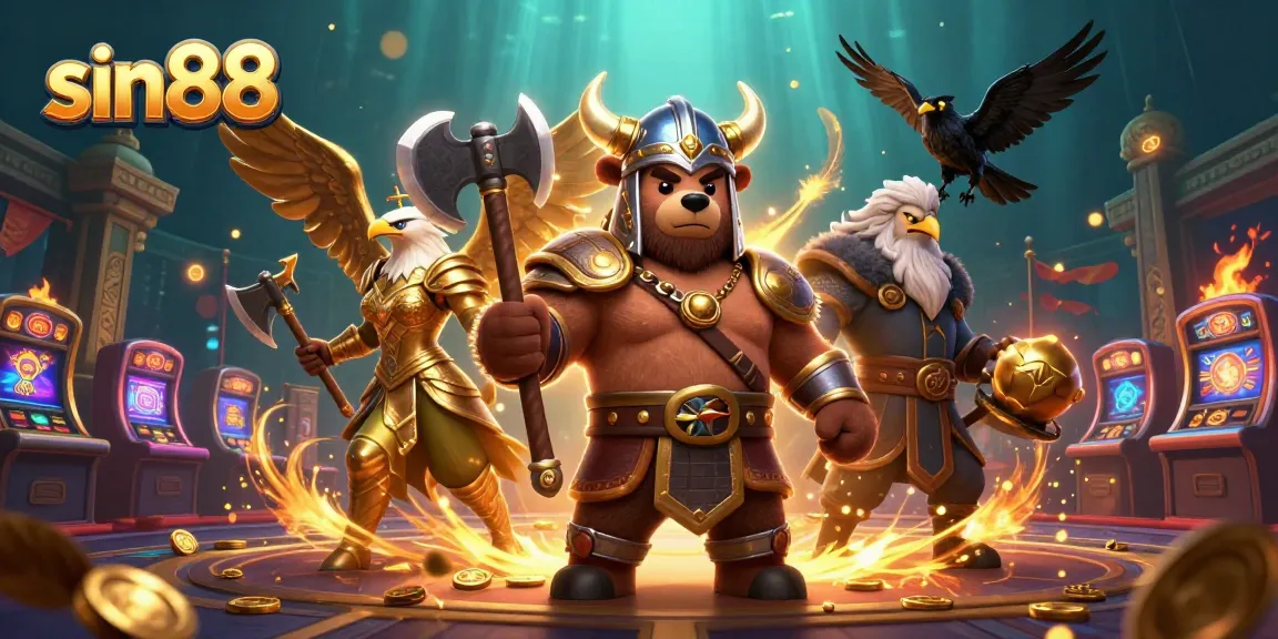 Engage with sin88's immersive casino scene featuring a Viking bear and Valkyrie eagle.