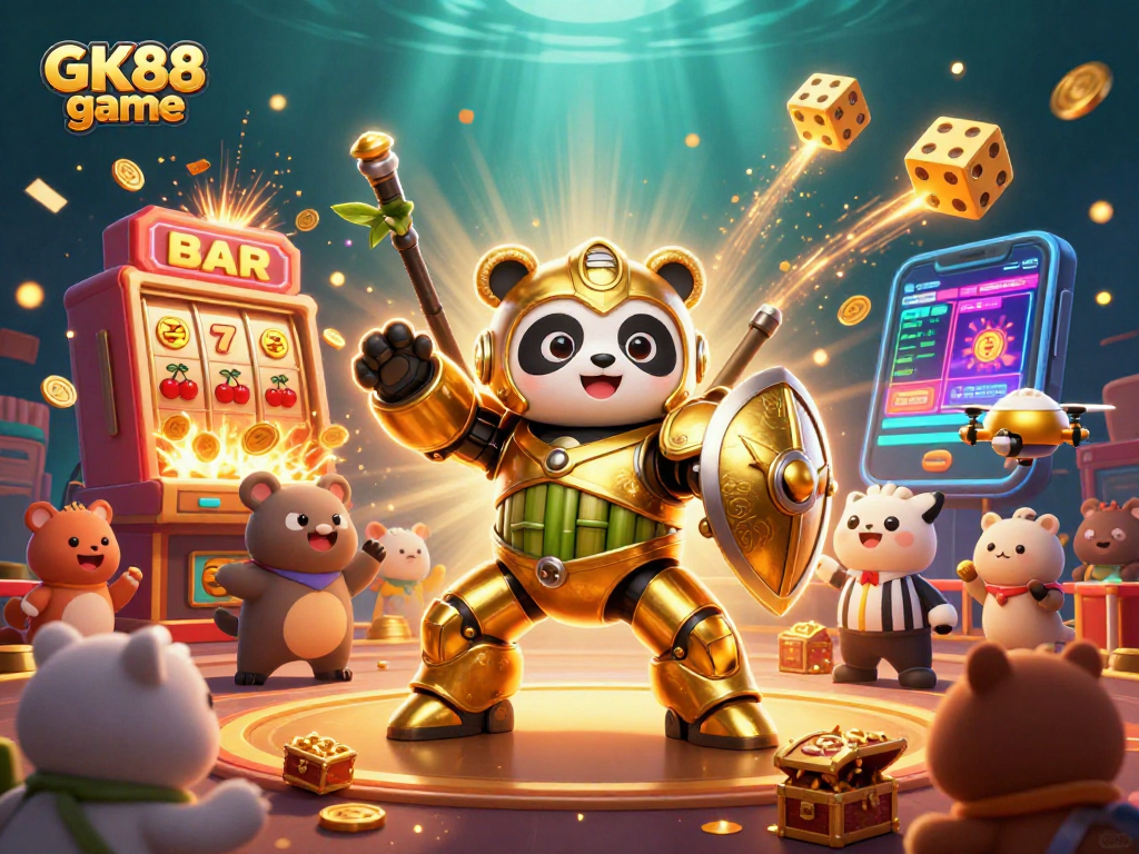 Experience the excitement of GK88 game with a spectacular 3D casino illustration featuring vibrant characters and dynamic gameplay