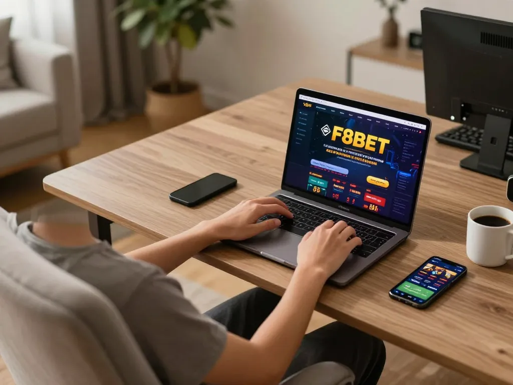 Person enjoying online gaming experience on F8BET platform using laptop, showcasing vibrant casino interface.