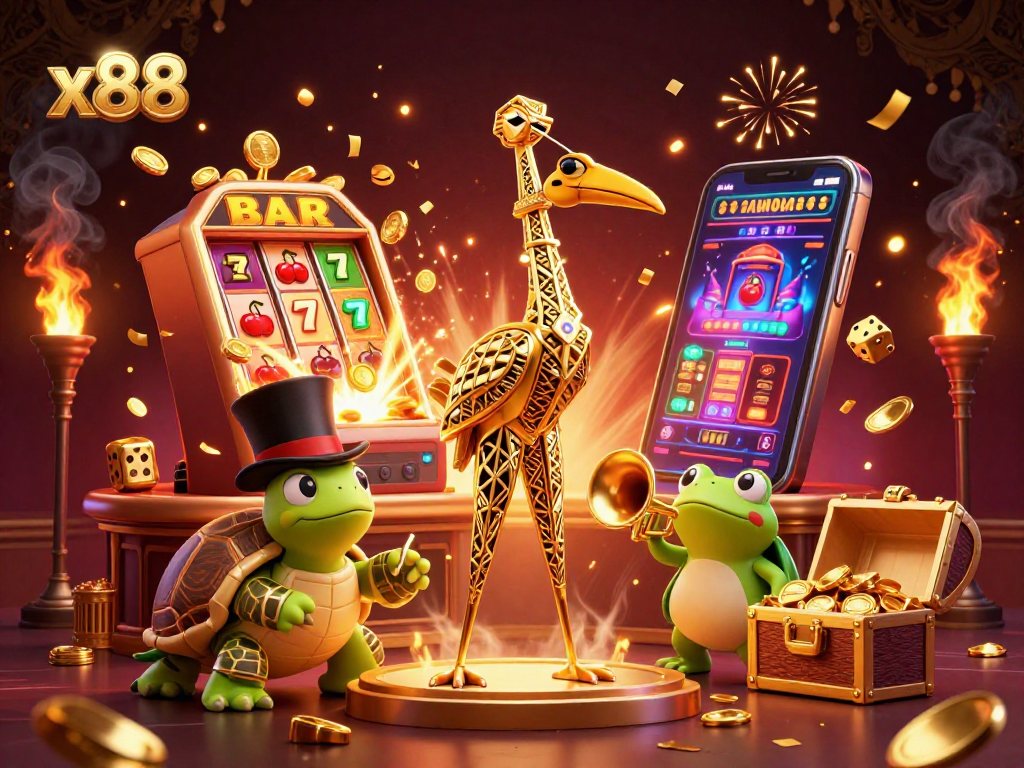 X88 players winning big at an online casino with vibrant characters and dynamic elements.