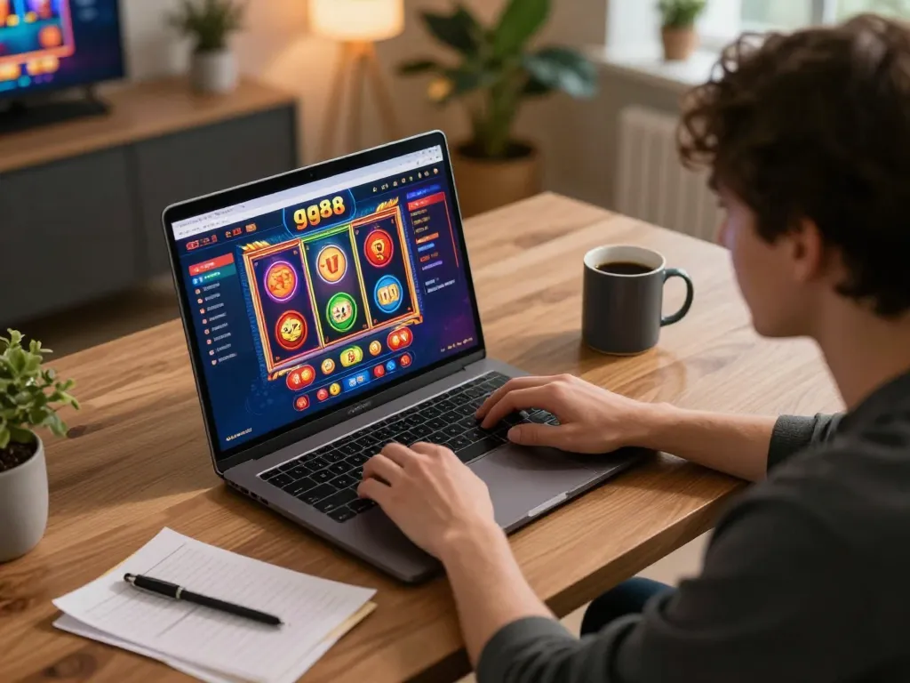 Player engaging with the gg88 online casino on a laptop, showcasing an immersive gambling experience.