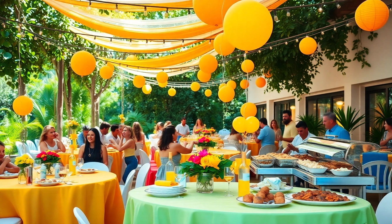 Guests celebrating with Outdoor Party Rentals, enjoying vibrant decorations and a festive atmosphere.