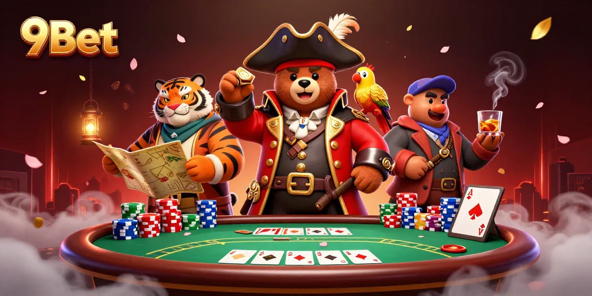 Engage in thrilling poker action with 9Bet's vibrant pirate-themed illustration, showcasing a bear captain and a tiger first mate.