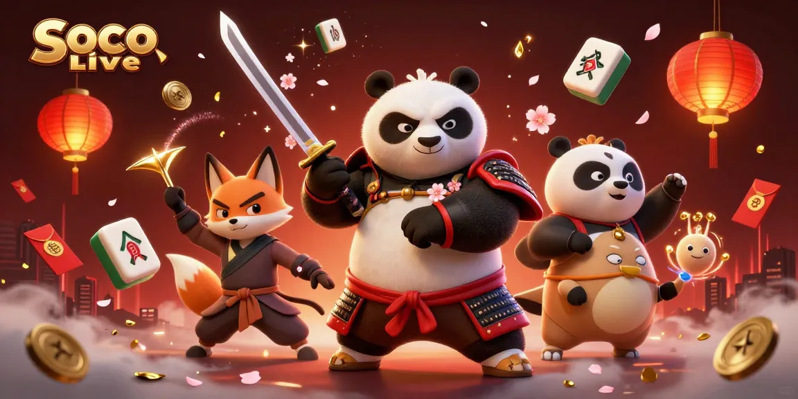 Soco Live features an intense samurai panda and ninja fox in a vibrant casino-themed action scene.