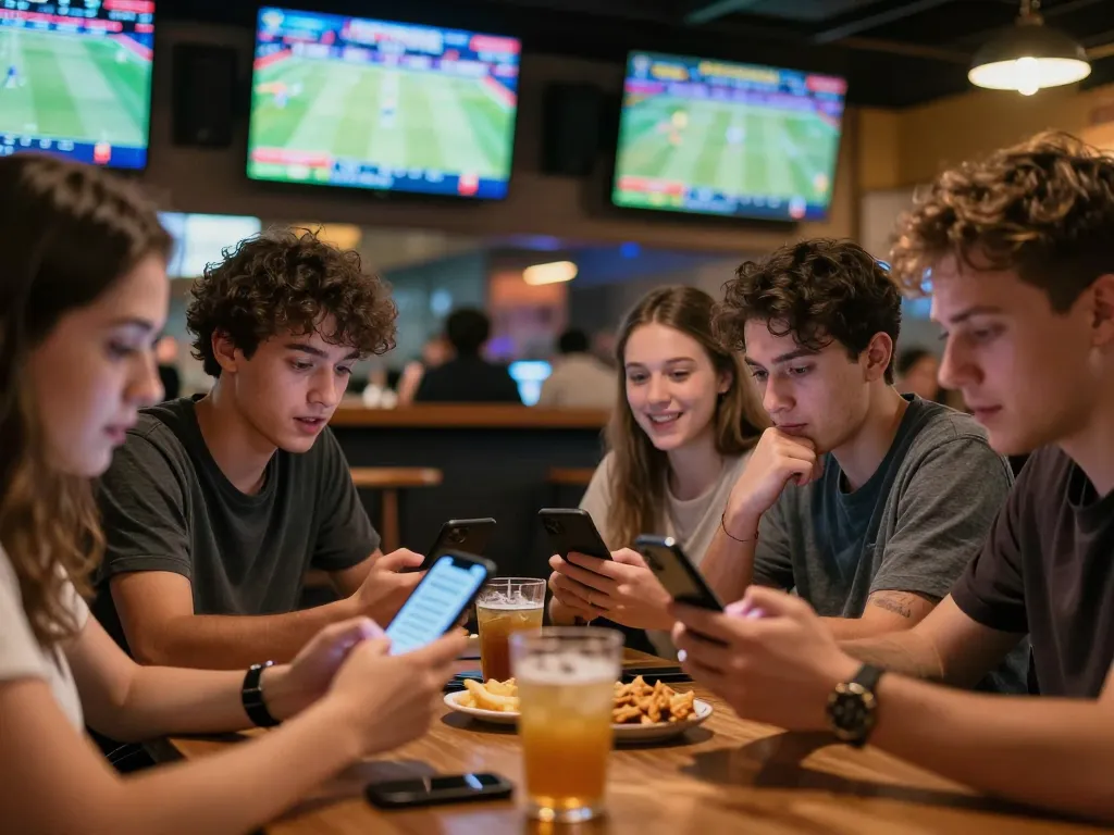 Engaging sports betting scene at qq88 with friends using mobile devices in excitement during a game.