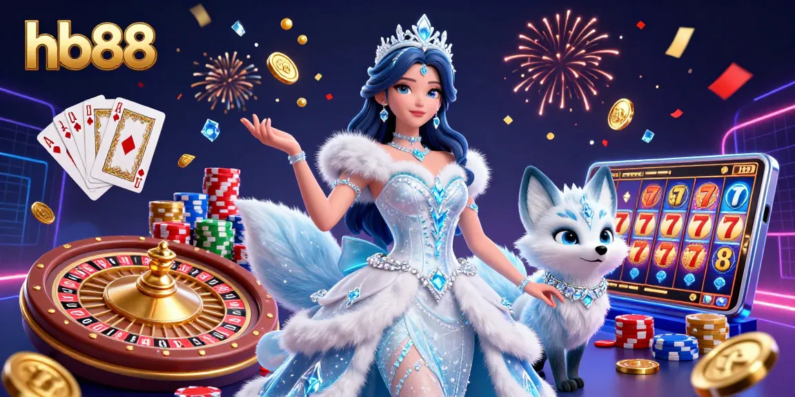 Experience thrilling casino action with hb88 showcasing a glamorous ice queen amidst sparkling gems and golden coins.