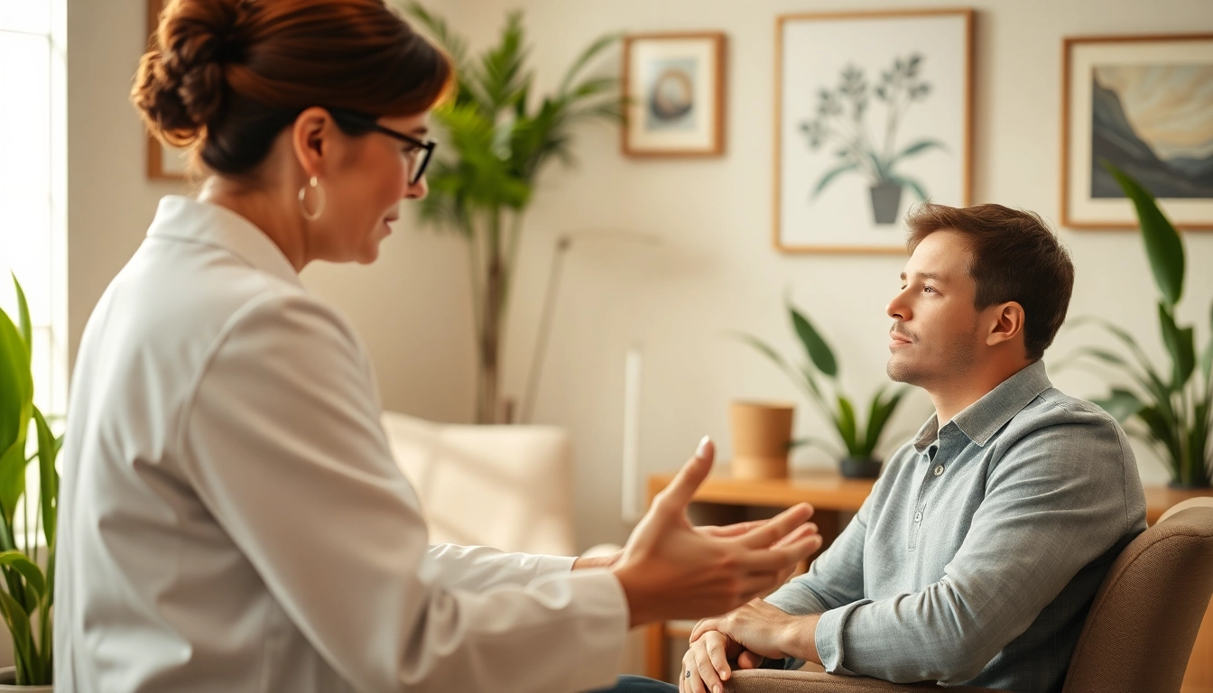 Therapist assisting a client dealing with stress and anxiety in a cozy office.