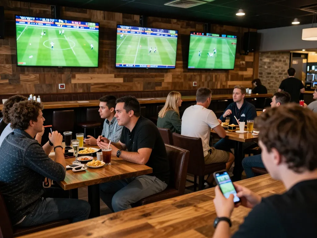 Xôi Lạc TV delivering thrilling live sports action, patrons cheering and placing bets in an engaging sports bar setting.