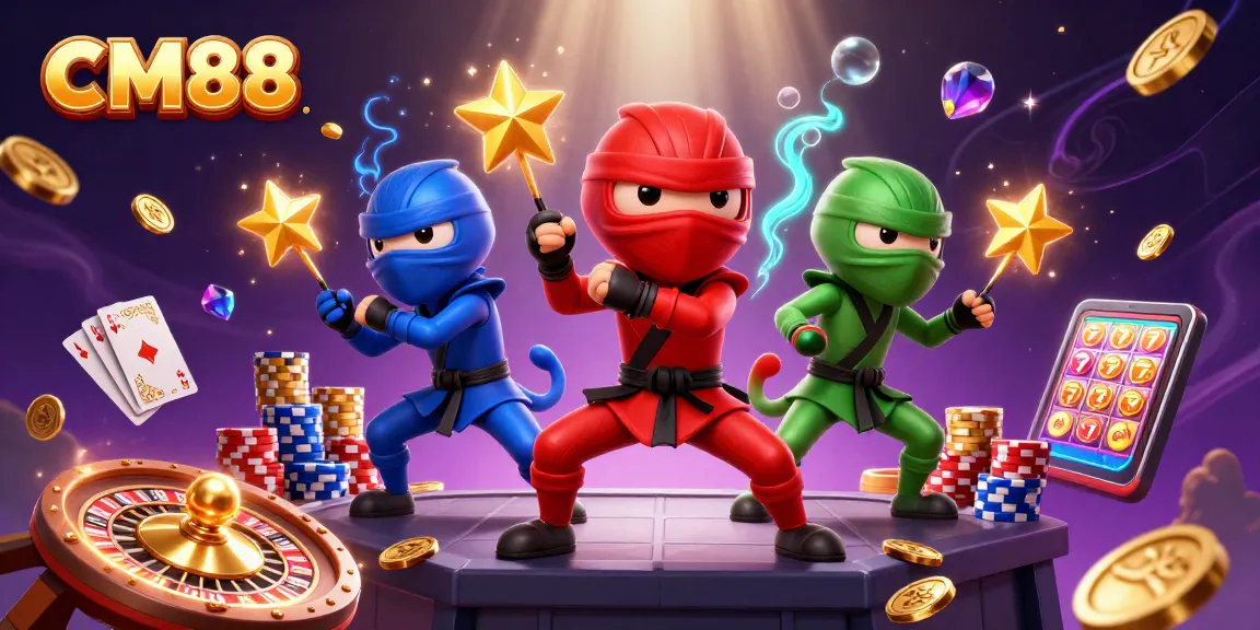 Experience a thrilling CM88 casino adventure with ninja chameleons, coins, and gaming elements!