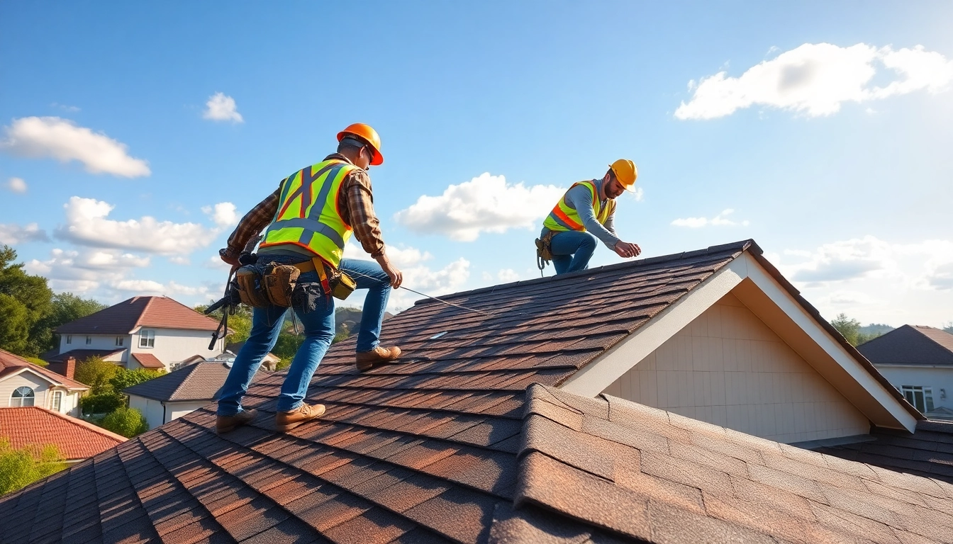 Roofing company crew expertly installing shingles on a roof, showcasing craftsmanship.