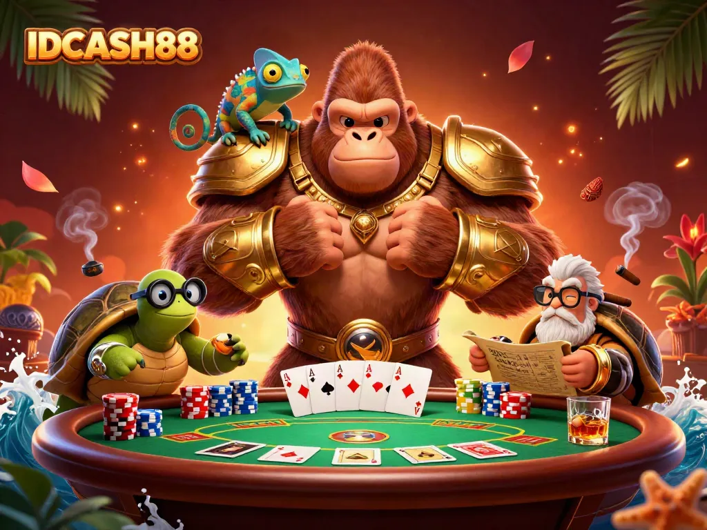 Engage in the thrilling action of IDCASH88 at our dynamic casino scene featuring colorful poker chips and characters.