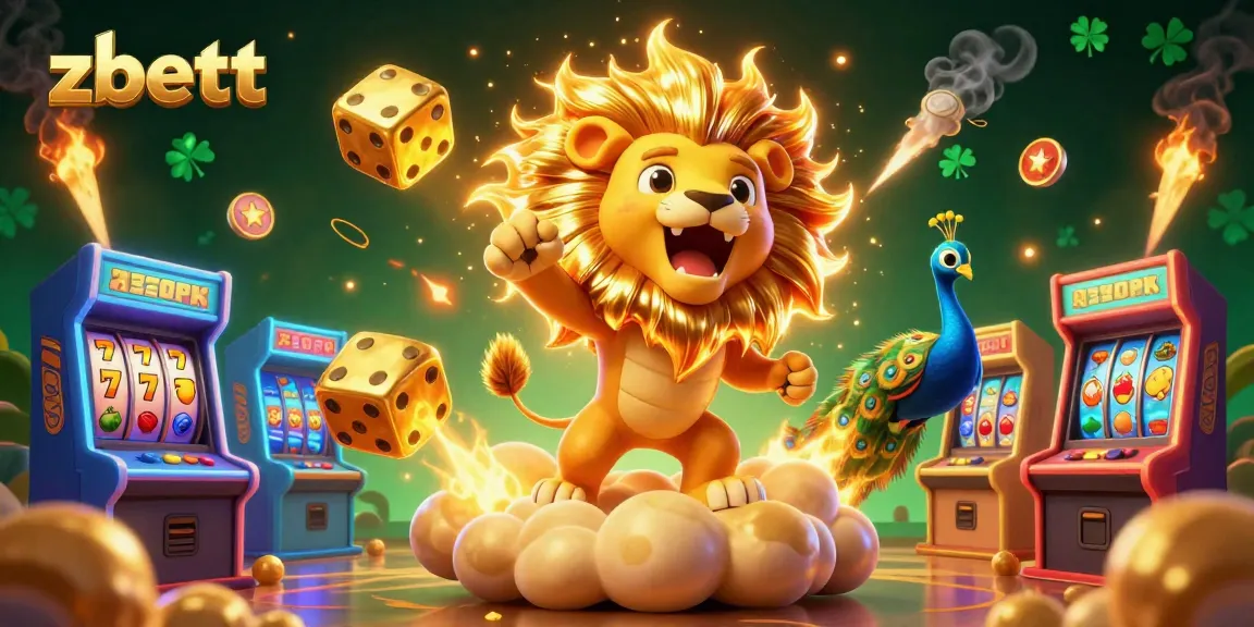 Zbett transforms gaming excitement with a lively 3D illustration showcasing casino elements, including vibrant slot reels and a triumphant lion.