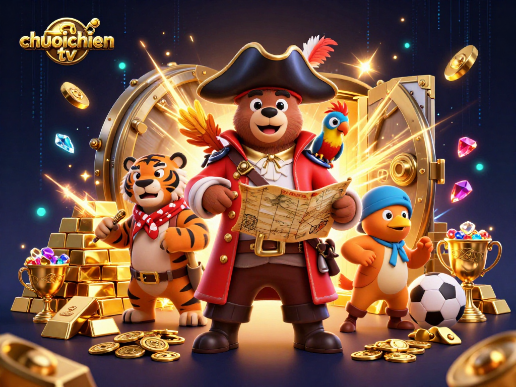 Experience chuoichien tv's thrilling atmosphere with a pirate bear, tiger, and treasure amidst casino elements.