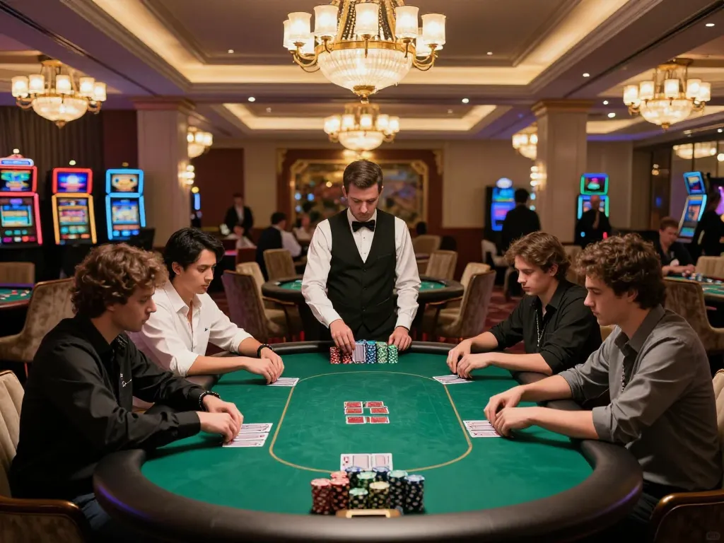 Engaged players at a poker table showcasing rokok88 slot strategies with luxurious casino decor