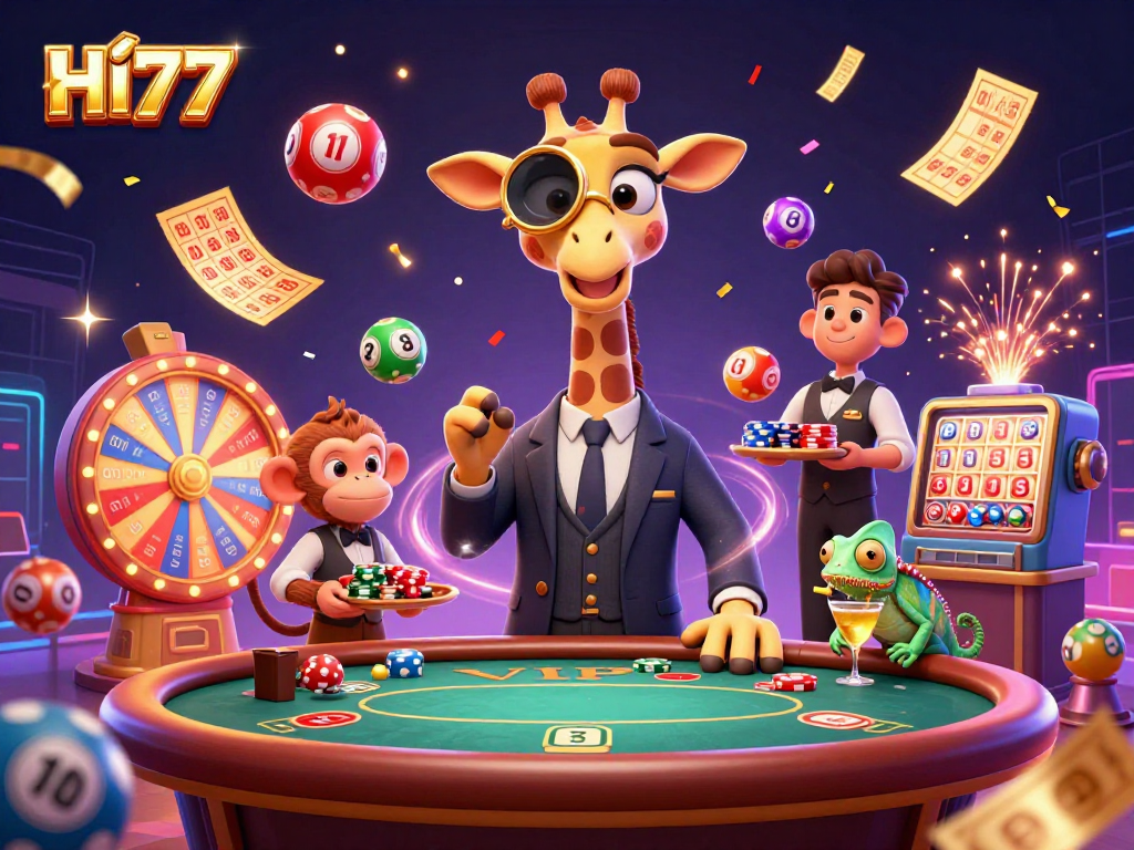 Join the vibrant excitement of HI77, featuring a high-roller giraffe at a poker table surrounded by lottery elements and confetti.