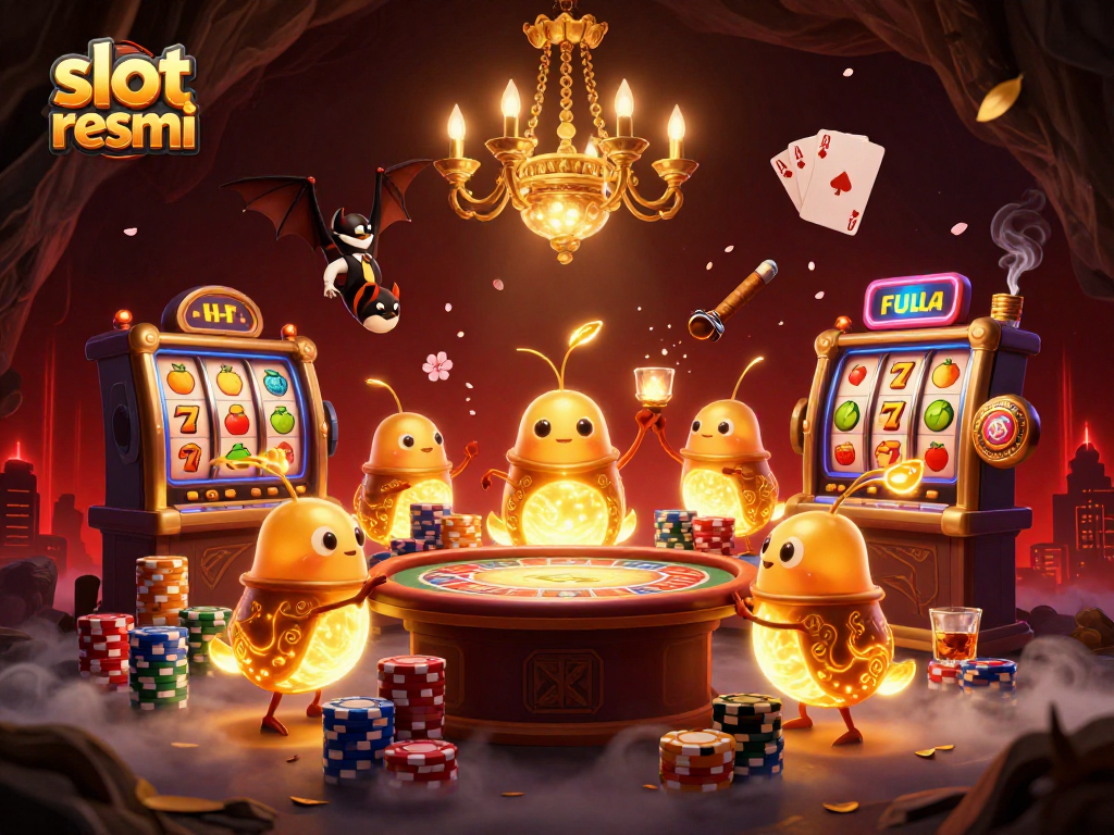 Experience engaging fun at slot resmi with a vibrant illustration of glowing characters and casino elements.