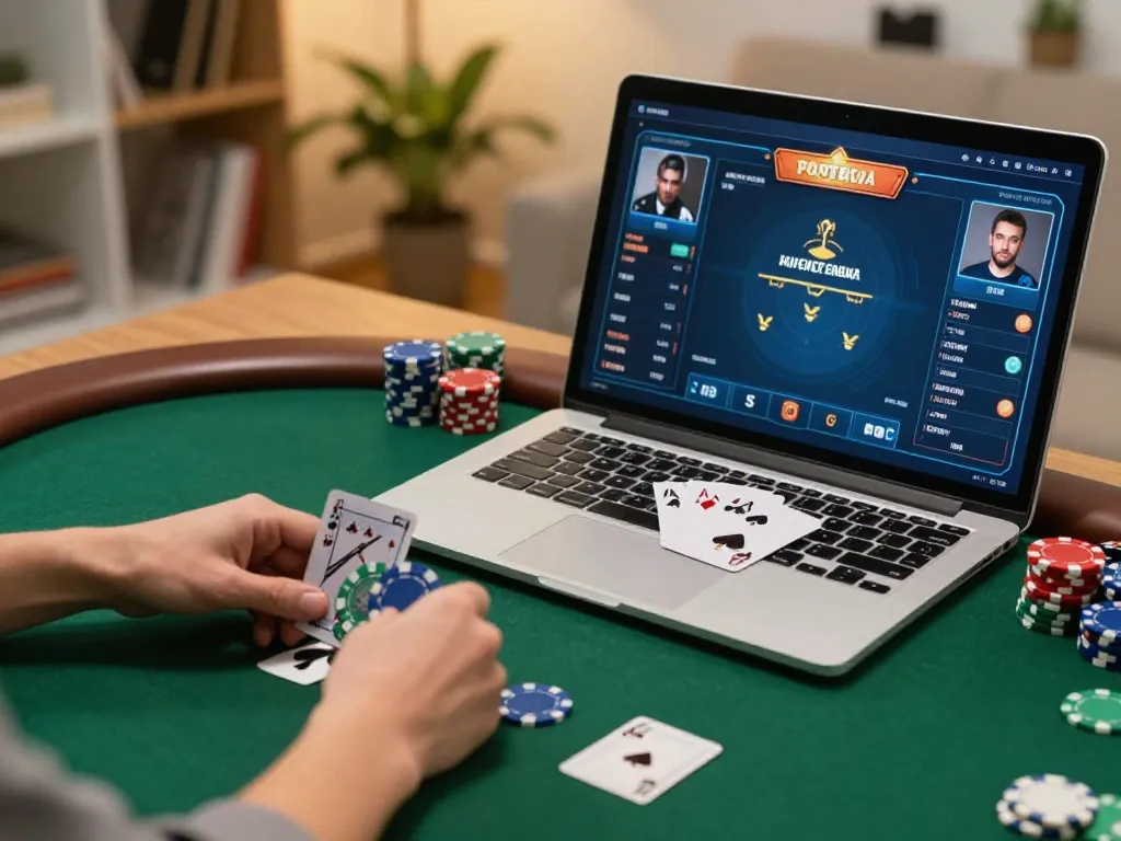 Rachit engaging in strategic online poker gameplay with laptop displaying game interface and cozy home decor.