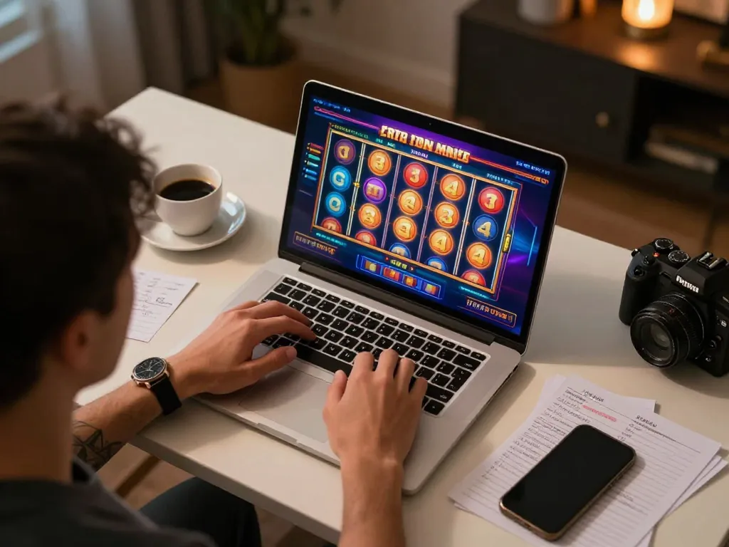 Exciting gameplay at nhà cái TX88 with player engaged in online slots on a laptop in cozy home setting.