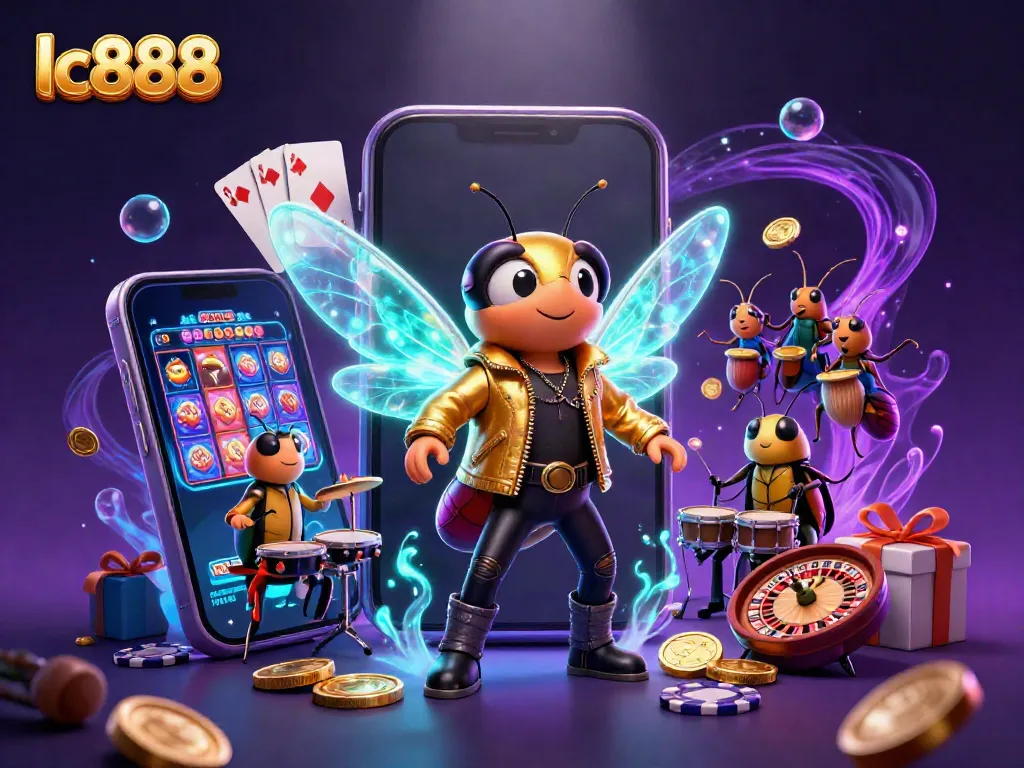 Engage with the lc888 brand in a vibrant online casino scene featuring a rock star cicada and exciting game elements.