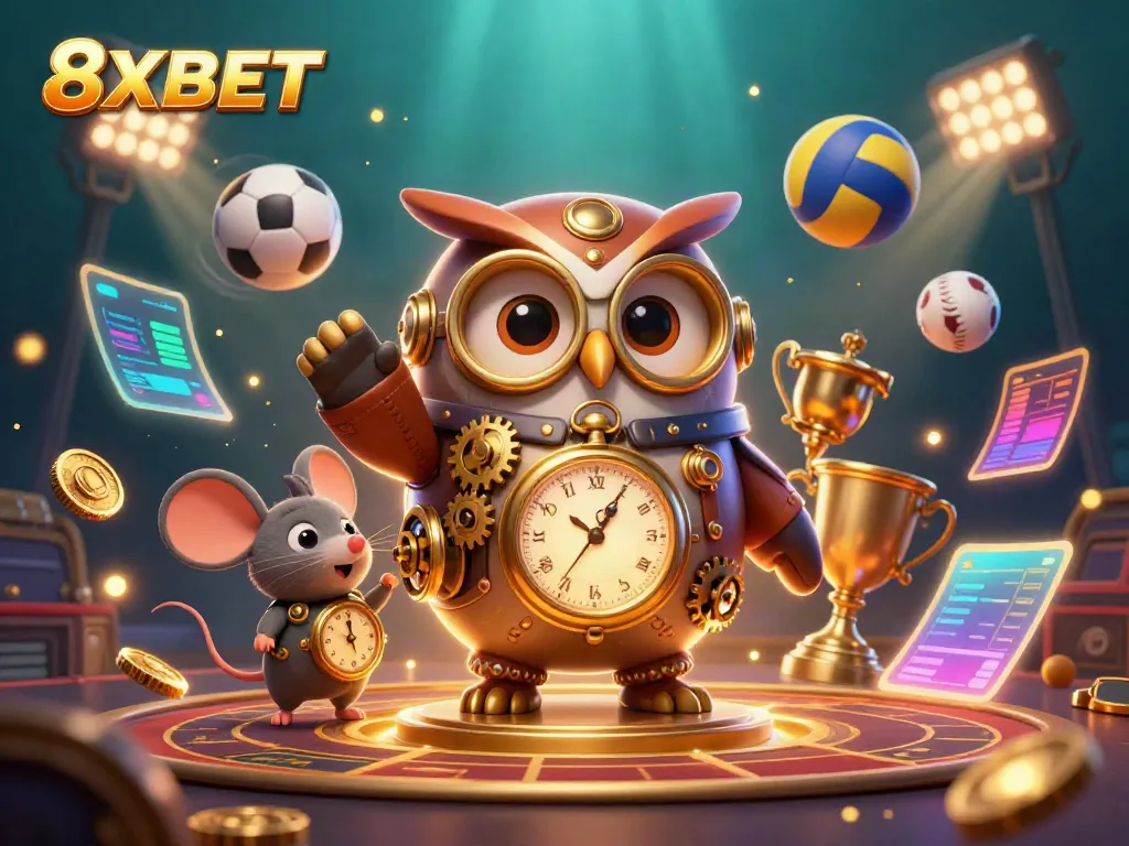 Engage with 8XBET as a time-traveler owl and clockwork mouse explore a vibrant casino world.