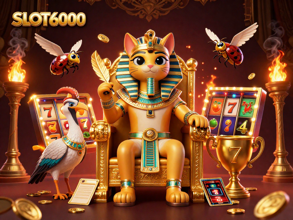 SLOT6000 showcases an Egyptian pharaoh cat, scribe, and slot reels in a dynamic casino scene.