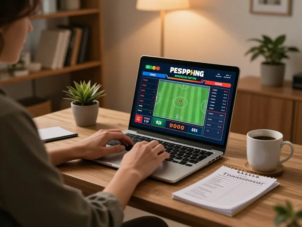 Person analyzing tỷ lệ kèo nhà cái on laptop during comfortable home gambling session.