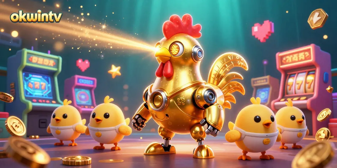 okwintv brings a lively gaming scene with a golden rooster robot and vibrant slot elements