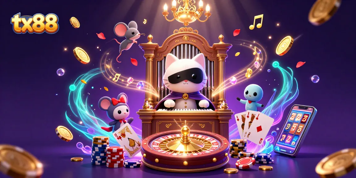 Experience the thrill of tx88's casino with dynamic characters, spinning roulette, and flying coins.