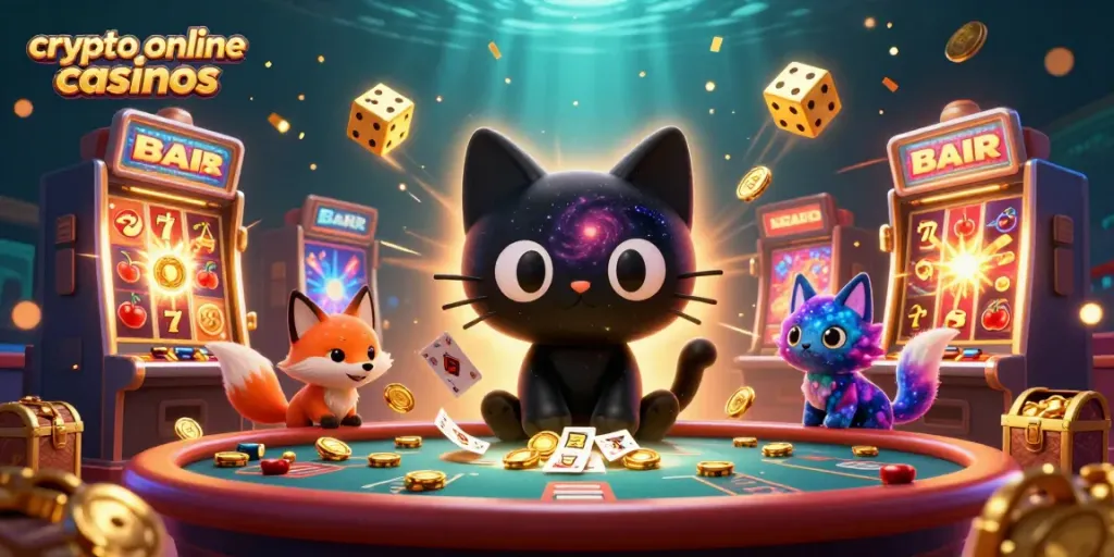 Engaging cosmic scene depicting a black hole cat and nebula fox, reflecting the vibrant world of crypto online casinos.