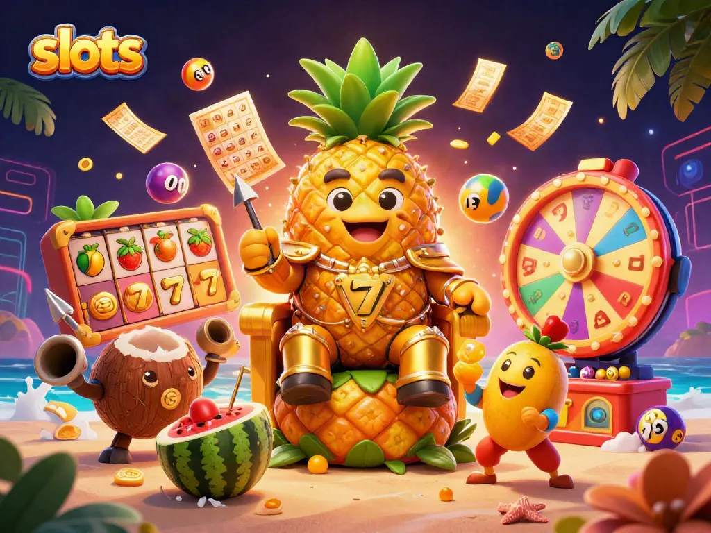 Experience thrilling slots with our vibrant jackpot scene showcasing colorful slot reels, winning symbols, and a fun tropical theme.