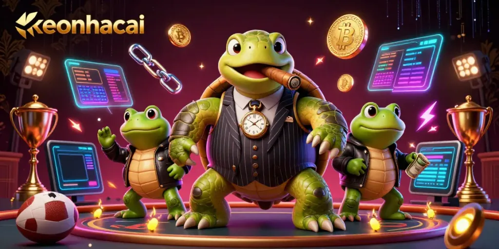 Engaging keonhacai scene featuring a cartoon turtle mobster and frog enforcers amid sports betting elements.