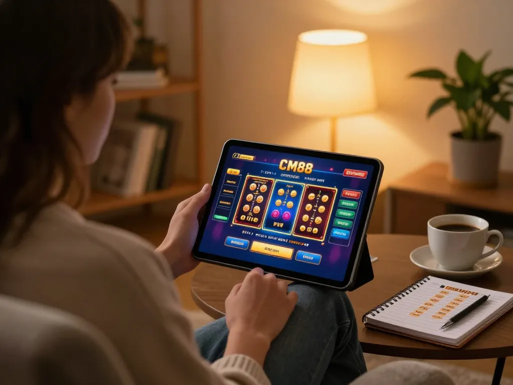 Engaging with CM88 online casino interface on tablet in a cozy home gaming setup.