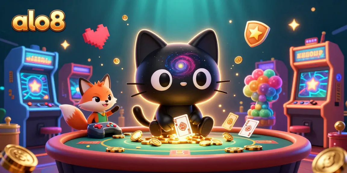 Enjoy the thrilling universe of alo8 with a cosmic casino scene featuring a black hole cat and a nebula fox.