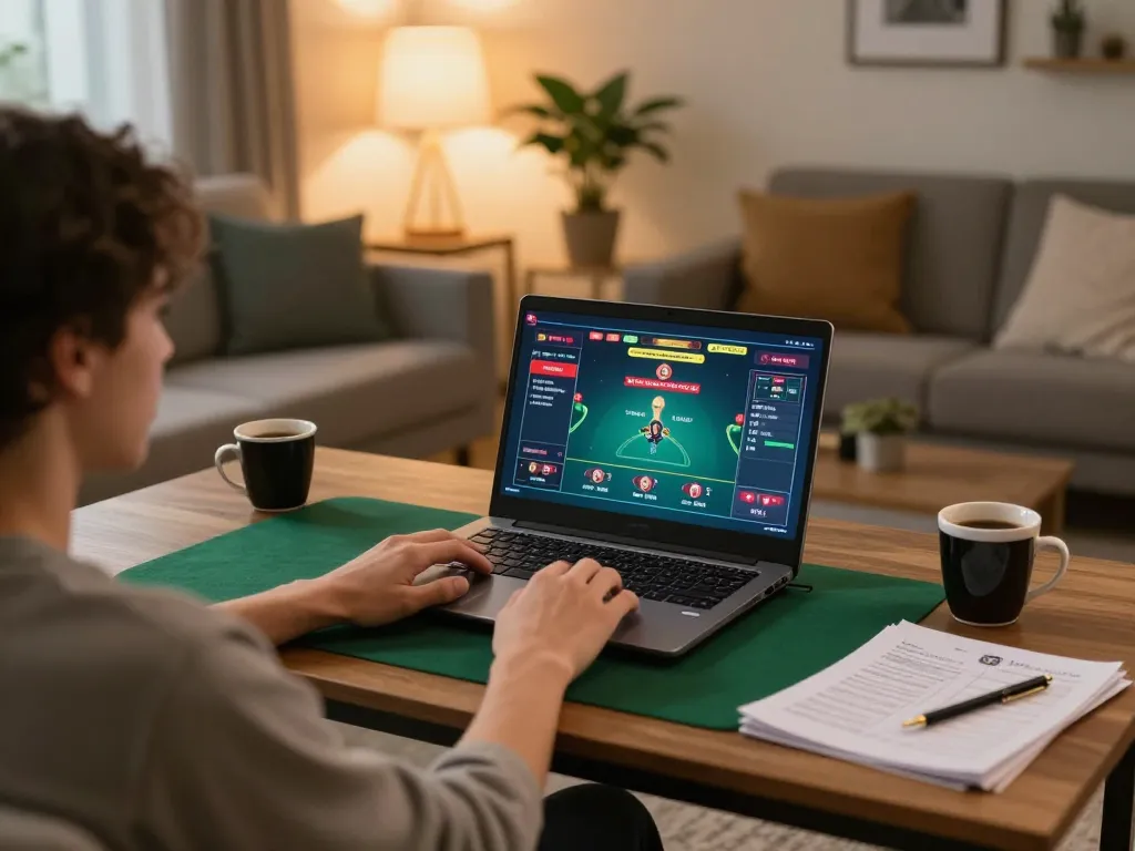 Kèo nhà cái hôm nay: Person engaging in online casino gambling at home, focused on strategic betting.