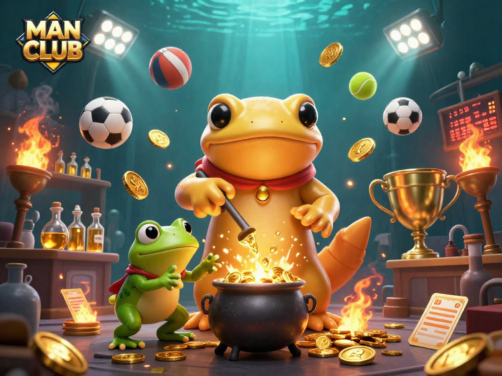 Experience MAN CLUB with 3D characters transmuting gold while sports elements enhance excitement!