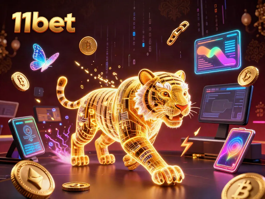 Experience the vibrant digital casino world of 11bet, featuring neon elements and fantasy characters.