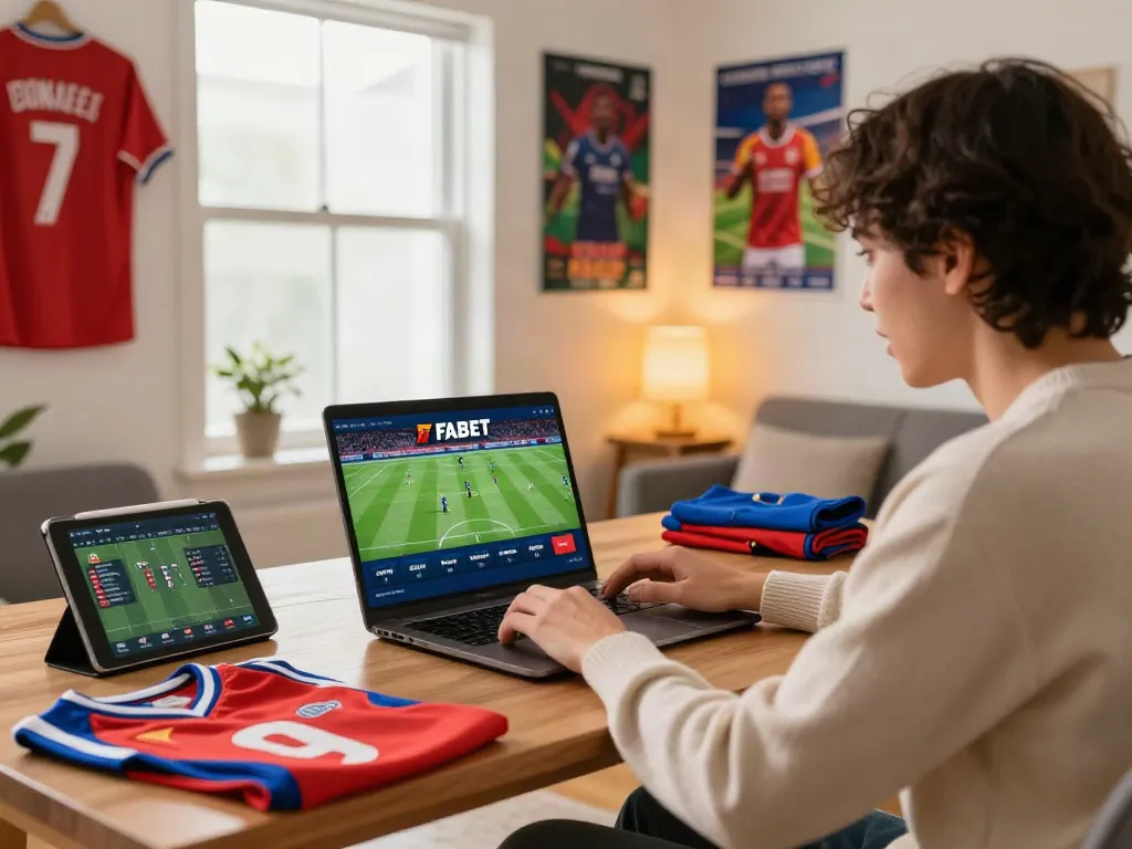 Engaged user placing bets on fabet platform in a cozy home setting.