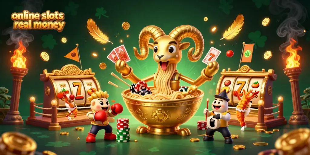 Engage with online slots real money in a festive, dynamic casino scene featuring animated food characters.