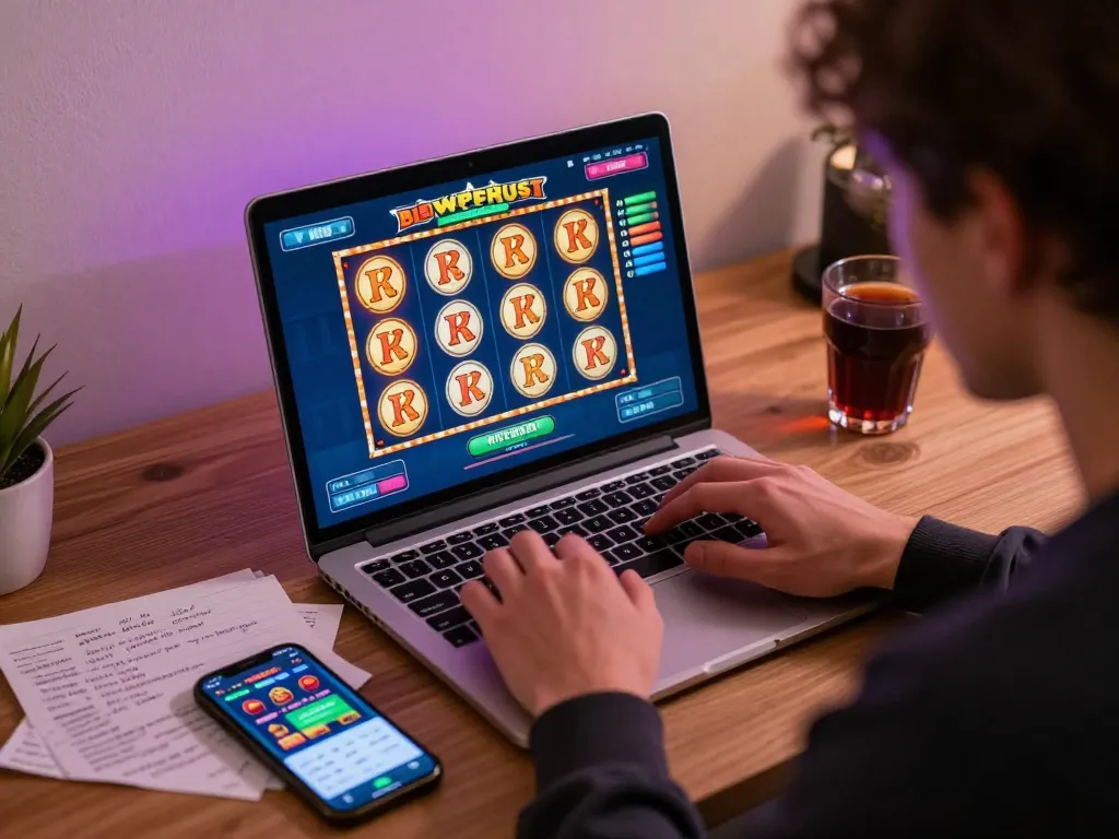 Engaging in online slot gameplay at home with strategy notes and a cozy atmosphere.