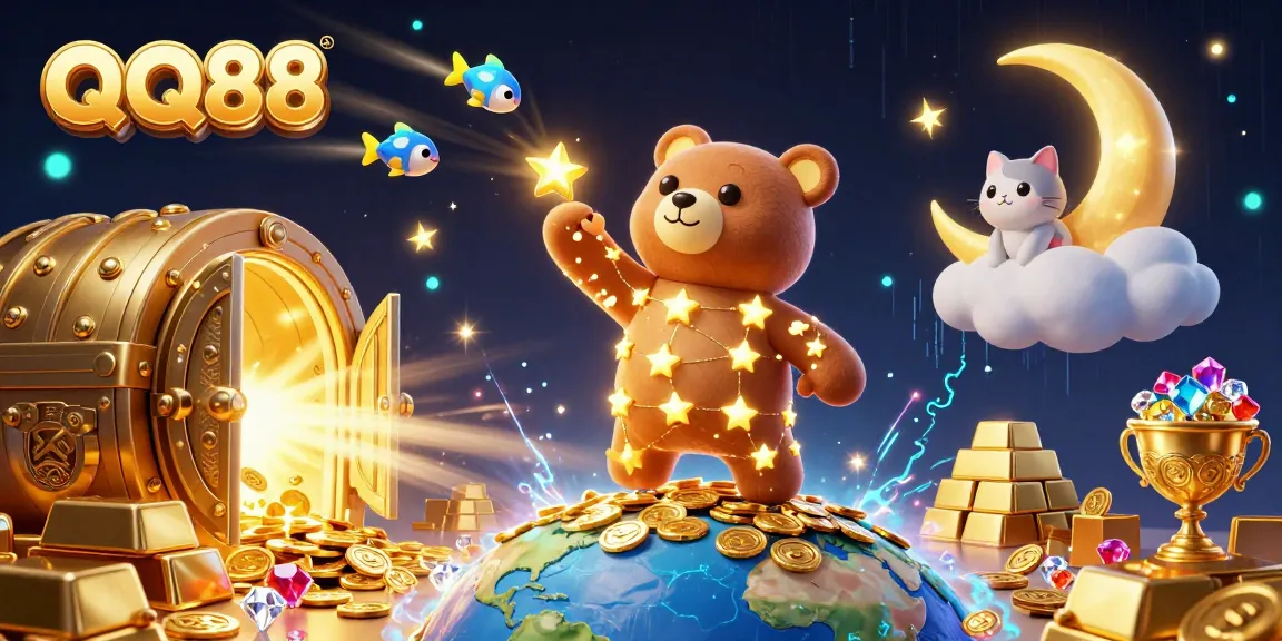 Experience the thrill at QQ88 with coins and treasures in this vibrant casino scene.
